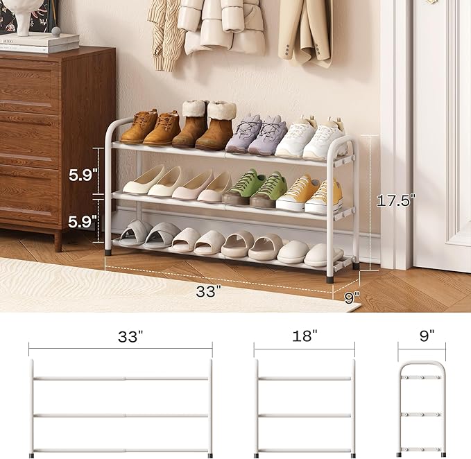 kiplant Shoe Rack for Closet, 3-Tier Expandable Closet Shoe Rack Metal Organizer, Heavy Duty Shoe Storage Shelf for Entryway, Doorway, Narrow Space