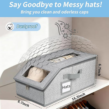 2 Pack Hat Storage Boxes for Baseball Caps - Stackable Clear Hat Organizer Box with Window Lid, Dustproof Closet Hat Case for 20-30 Caps, Large Foldable Ball Cap Storage Organizer for Men & Women