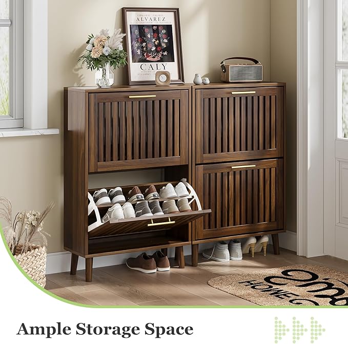 Shoe Cabinet, Shoe Storage Cabinet with Louvered 2 Flip Drawers, Narrow Shoe Cabinet Storage for Entryway, Freestanding Shoe Organizer Cabinet with Golden Handles, Slim Shoe Rack Cabinet (Walnut)