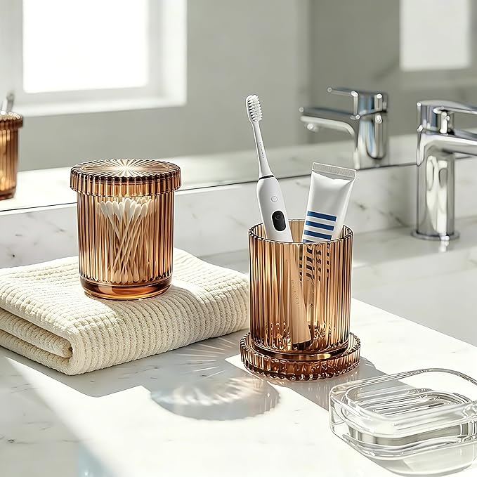 2 Pack Glass Qtip Holder Dispenser Set - Bathroom Organizer for Cotton Swabs, Balls, Pads, Floss Picks - Clear Apothecary Jars for Vanity, Makeup Storage, Bathroom Accessories Decor (Brown)