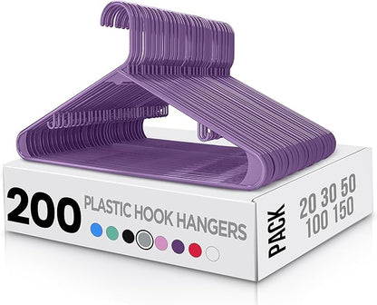 Utopia Home Plastic Hangers 200 Pack - Clothes Hanger with Hooks - Durable & Space Saving Coat Hanger - Heavy Duty Purple Hangers - Skirt Hangers