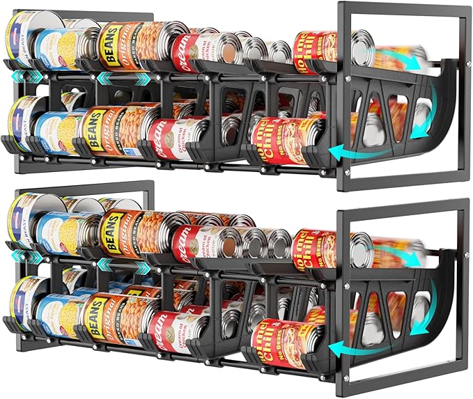 iSPECLE Expandable Can Organizer for Pantry, 2 Pack Large Capacity 120 Cans Can Storage Organizer Pantry Rack, Auto Rolling Dispenser & Stackable Wire Holder for Deep Pantry Shelves, Black