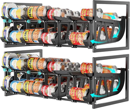 iSPECLE Expandable Can Organizer for Pantry, 2 Pack Large Capacity 120 Cans Can Storage Organizer Pantry Rack, Auto Rolling Dispenser & Stackable Wire Holder for Deep Pantry Shelves, Black