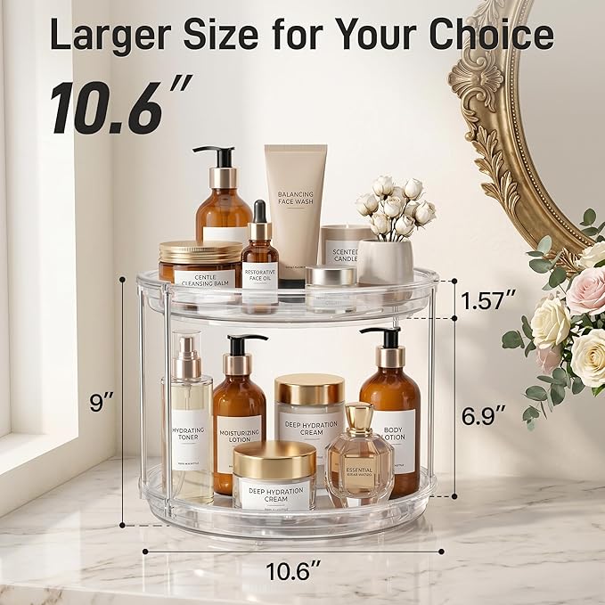 2 Tier Lazy Susan Organizer,10.6 Inches Lazy Susan Turntable for Cabinet,Stackable Turntable Organizer Rotating Spice Rack Organization for Kitchen Countertop,Pantry,Bathroom,Clear