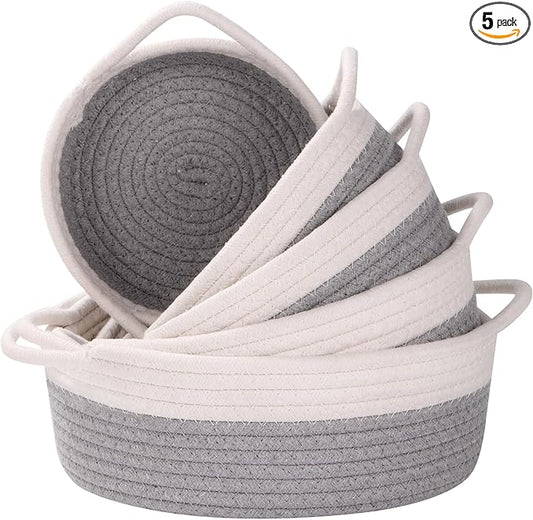 YMhoart Small Storage Woven Baskets Shelves Natural Cotton Rope Bins with Handle Toilet Tank Paper for Countertop Cute Gifts Organizing Mini Nursery 5 Set box (White & Gray)