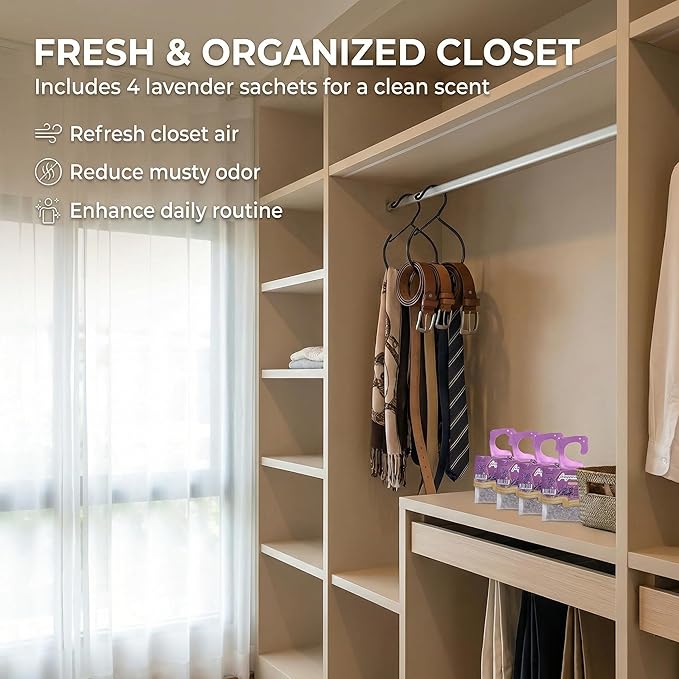 Scarf Hangers and Holder for Closet, 4 Pack Rust-Resistant Belt Hooks for Closet, S-Shaped Metal Belt Organizers, 15 lbs Heavy-Duty, Black, with 4 Lavender Sachets