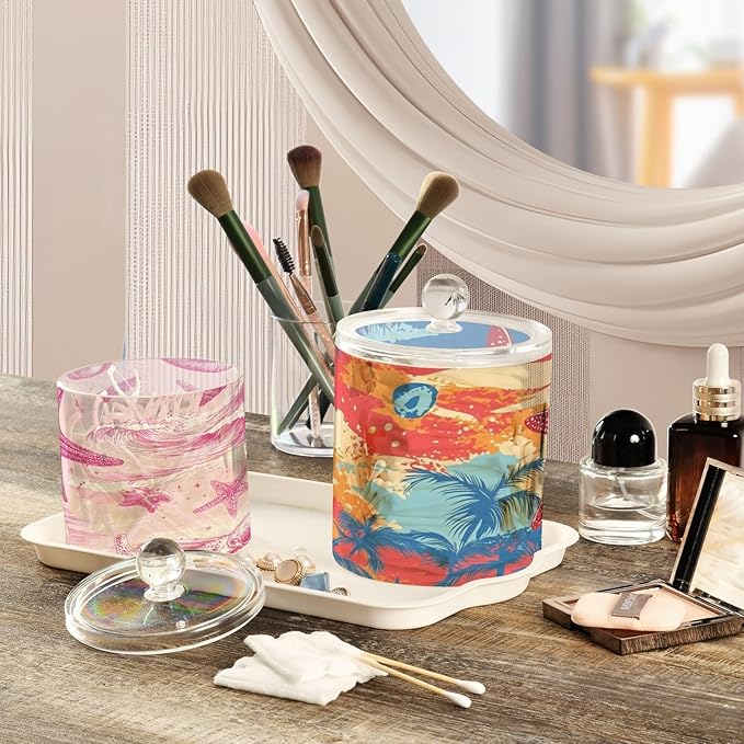 2 Pack Qtip Dispenser Apothecary Jars with Lids Cotton Round Holder Bathroom Canisters for Cotton Swab Floss Ball Pads Clear Plastic Decorative Summer Beach Starfish Waves