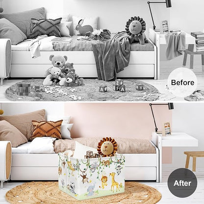 Clastyle Vine Woodland Animal Baby Basket Stuffers Toddler Gift Toy Chest Box Bin Organizer Nursery Room Decor Rectangle Elephant Giraffe Lion Clothes Book Storage Basket