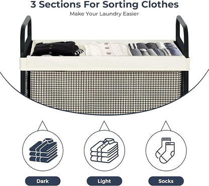 STO STO Laundry Hamper 3 Section, 120L Rolling Laundry Sorter Cart with Removable and Washable Liner Bag, Clothes Hamper with Wheels and Metal Handle for Laundry Room and Bedroom