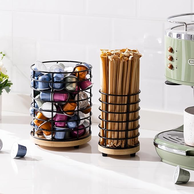 HBlife Coffee Pod Holder & Coffee Stirrers Holder Set, Metal and Wooden Coffee Bar Accessories Large Capacity Kitchen Counter Decor for Keurig K cup & Nespresso Vertuo (Black Wire)