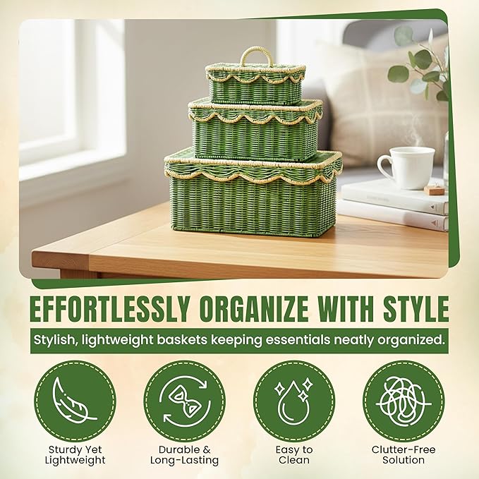 Scalloped Hyacinth Wicker Basket for Toy Storage | 3 Pack Woven Storage Baskets | Decorative Storage Baskets for Shelves | Rattan Baskets for Bedroom By NovaHeavensNest (Green & Golden)