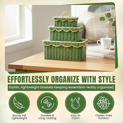 Scalloped Hyacinth Wicker Basket for Toy Storage | 3 Pack Woven Storage Baskets | Decorative Storage Baskets for Shelves | Rattan Baskets for Bedroom By NovaHeavensNest (Green & Golden)