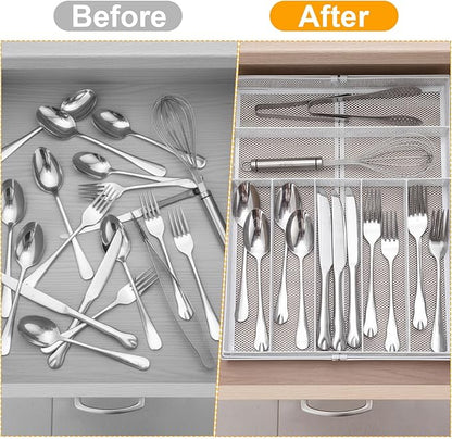 1 Pcs Utensil Drawer Silverware Organizer, Metal Mesh Expandable 13" 24" Kitchen Drawer Organizer, 7-9 Slots Cutlery Tray Dividers for Kitchen Flatware Christmas Housewarming Gift (White)