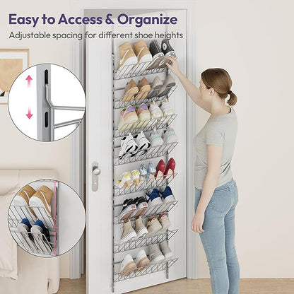 SWTYMIKI Over the Door Shoe Organizer - Adjustable 8 Tier Hanging Shoe Rack Organizer, Metal Heavy Duty Behind Door Storage or Wall Mount Shoes Shelf for Flats, Heels, Sneakers, Boots, Silver