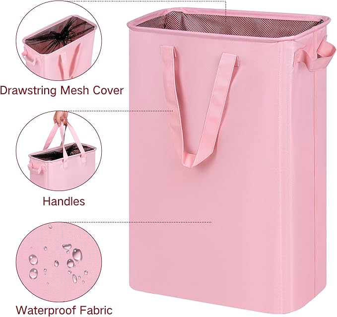efluky Slim Laundry Basket, Narrow Laundry Hamper with Handles, Collapsible Dirty Clothes Hamper, Tall Laundry Bin for Laundry Room, Dorm and Bedroom, 12.7 Gallons(48L) Pink