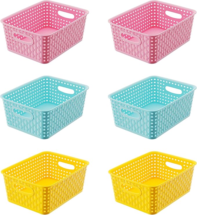 Colorful Small Plastic Storage Woven Baskets, 6 Pack Versatile Shelf Organizer Weave Baskets for Classrooms, Children's Rooms & Pantries, Pink/Yellow/Blue-10x7.5x4 inch
