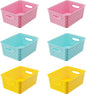 Colorful Small Plastic Storage Woven Baskets, 6 Pack Versatile Shelf Organizer Weave Baskets for Classrooms, Children's Rooms & Pantries, Pink/Yellow/Blue-10x7.5x4 inch