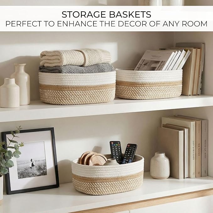 Beautiful Storage Basket Set of 3 - Sturdy Jute Rope Baskets for Shelves Are Perfect for Organizing Your Home - Quality Storage Bins Easily Fit With Any Nursery or Bedroom Decor