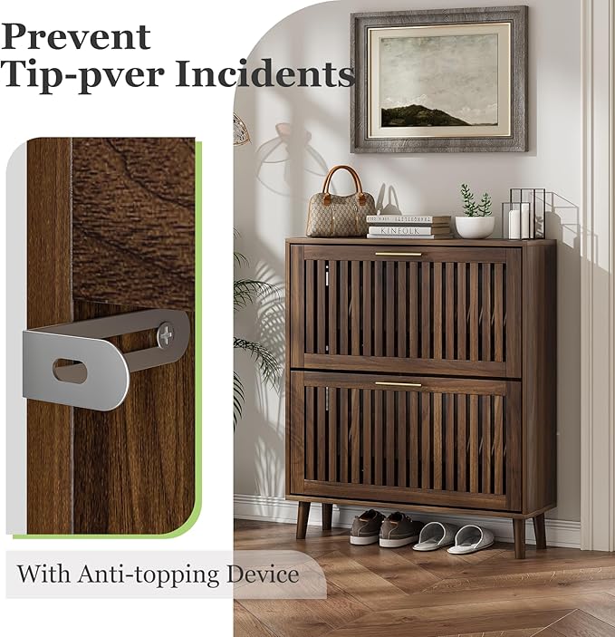Shoe Cabinet, Shoe Storage Cabinet with Louvered 2 Flip Drawers, Narrow Shoe Cabinet Storage for Entryway, Freestanding Shoe Organizer Cabinet with Golden Handles, Slim Shoe Rack Cabinet (Walnut)
