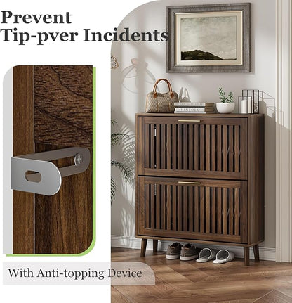 Shoe Cabinet, Shoe Storage Cabinet with Louvered 2 Flip Drawers, Narrow Shoe Cabinet Storage for Entryway, Freestanding Shoe Organizer Cabinet with Golden Handles, Slim Shoe Rack Cabinet (Walnut)