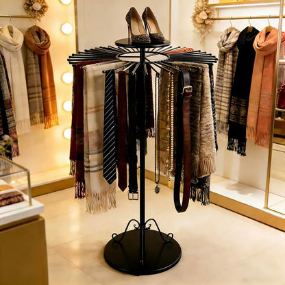 Black 360°Rotating Scarf Display Tie Rack Belt Hanger Shawl Hijab Stand, Boutique Retail Display Stand Home Organizer Holder for Commercial Clothing Store, Bedroom(49.2in, 30 Hanging Rods)