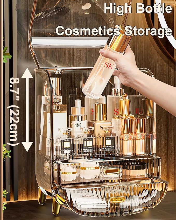 Makeup Organizer, Large Capacity Cosmetics Makeup Organizer for Vanity, Dustproof Waterproof Cosmetics Display Case with Drawers for Skincare, Lipstick, Brushes and Jewelry (Clear)