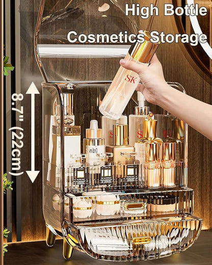 Makeup Organizer, Large Capacity Cosmetics Makeup Organizer for Vanity, Dustproof Waterproof Cosmetics Display Case with Drawers for Skincare, Lipstick, Brushes and Jewelry (Clear)
