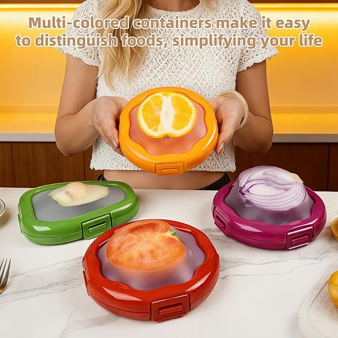 TQRR Avocado Saver and Onion Container-Set of 4 Reusable Silicone Fruit and Vegetable Storage Containers for fridge, Ideal for Apple, Tomatoes, Lemons, Orange and Potatoes