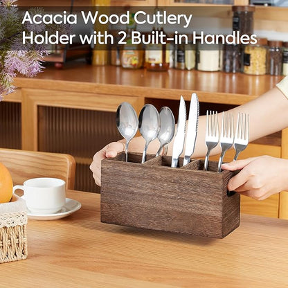 VIVIRBIEN Wooden Silverware Holder, Kitchen Utensil Caddy with 3 Compartments, Cutlery Storage Organizer Countertop, Flatware Organizer for Party, Spoon, Fork Holder