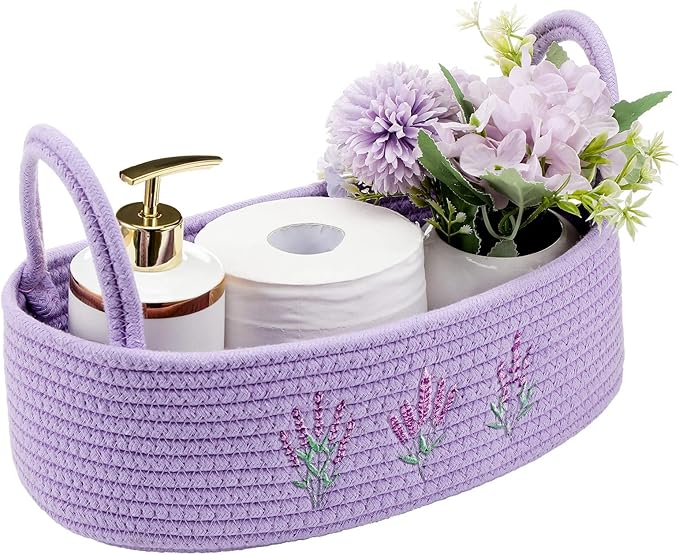 Vesici Storage Basket for Toilet Tank Top Lavender Purple Woven Cotton Rope Bathroom Countertop Toilet Paper Basket with Handle Boho Bathroom Decor for Organizer Nursery Toys 13 x 6 x 4 Inch