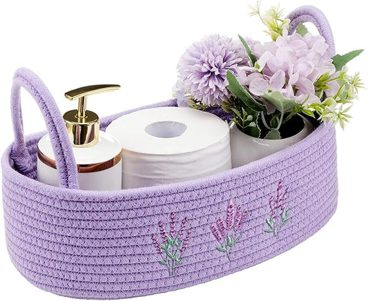 Vesici Storage Basket for Toilet Tank Top Lavender Purple Woven Cotton Rope Bathroom Countertop Toilet Paper Basket with Handle Boho Bathroom Decor for Organizer Nursery Toys 13 x 6 x 4 Inch