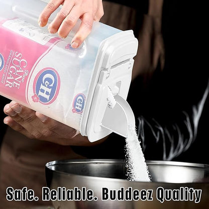 Buddeez Large Food Storage Container - 3.75 Quart Sugar Buddy, All Purpose Clear Kitchen Organization and Storage - Sugar, Flour, Cereal, Rice Dispenser, EZ Pour Spout & Easy Grip Handle (White Lid)