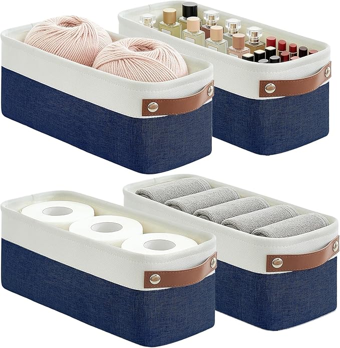 Bagnizer Small Fabric Storage Baskets, 15x6x5 inch Narrow Storage Bins 4-Pack Long Storage Basket for Organizing with Handles, Decorative Basket for Closets, Shelves, Toilet Paper, Navyblue