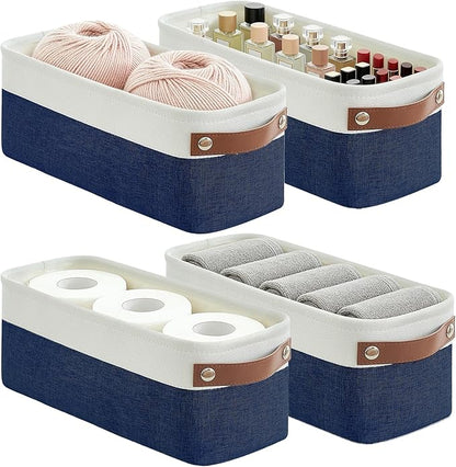 Bagnizer Small Fabric Storage Baskets, 15x6x5 inch Narrow Storage Bins 4-Pack Long Storage Basket for Organizing with Handles, Decorative Basket for Closets, Shelves, Toilet Paper, Navyblue