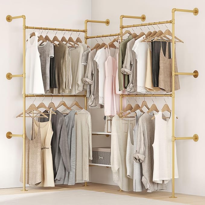 Industrial Pipe Clothes Rack,Wall Mounted Closet Wardrobe Rack, Corner L Shaped Walk-in Closet System, 2 Installation Methods (Gold, 80" H x 86" W)
