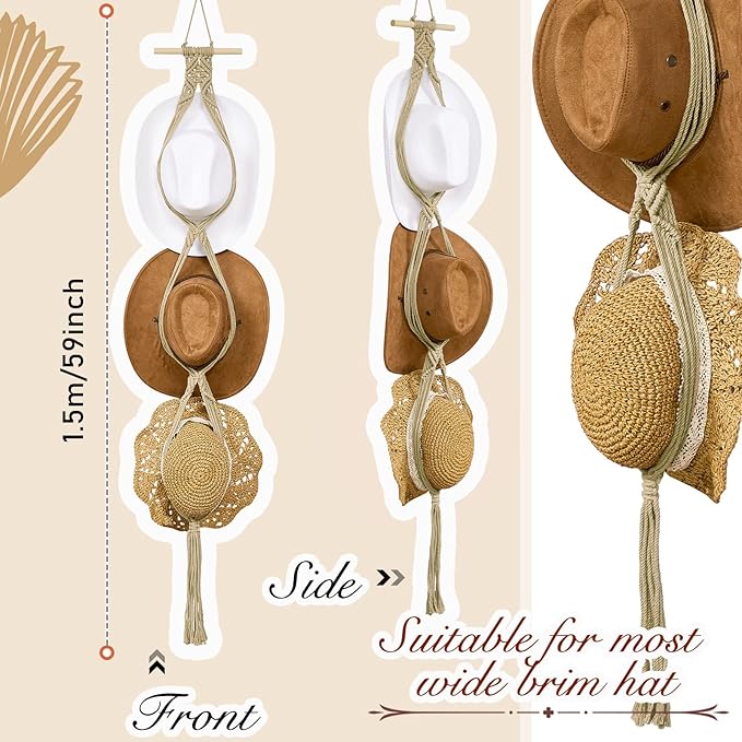 Yulejo Macrame Hat Hangers Racks Boho Cowboy Hats Holders Western Display Organizer Storage decor Back of Door for Wall(Beige,Three Hats Style)