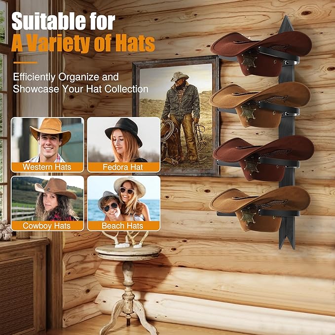 Cowboy Hat Rack, Cowboy Hat Holder Wall Mount Holds up to 4 Hats, Wooden Western Rustic Metal Cow boy Hat Hanger with Arrow Sign Board, Hat Rack for Western Hats, Fedora, Sun Hats (Black-1 Pack)