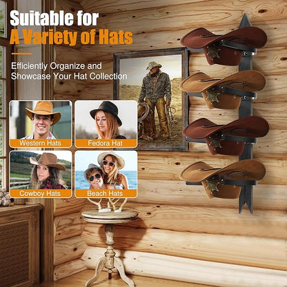 Cowboy Hat Rack, Cowboy Hat Holder Wall Mount Holds up to 4 Hats, Wooden Western Rustic Metal Cow boy Hat Hanger with Arrow Sign Board, Hat Rack for Western Hats, Fedora, Sun Hats (Black-1 Pack)