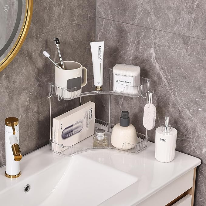 2-Tier Corner Bathroom Organizer Countertop with Hooks, Bathroom Sink Corner Vanity Storage for Makeup, Skincare and Perfume (White Silver)
