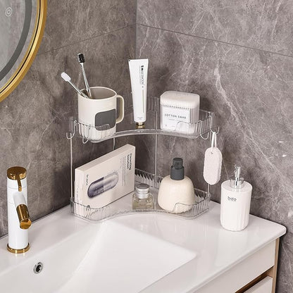 2-Tier Corner Bathroom Organizer Countertop with Hooks, Bathroom Sink Corner Vanity Storage for Makeup, Skincare and Perfume (White Silver)