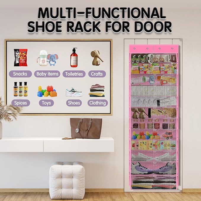 Kotkn Over The Door Shoe Organizer with 12 Large Breathable Pockets - Durable Hanging Storage for the Entire Family's Shoes (Pink)