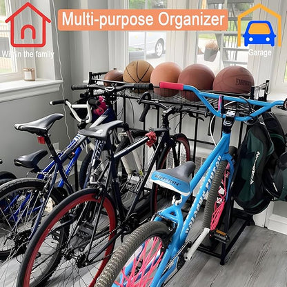 4 Bike Rack Garage,4 Bike Stand for Garage,4 Bike Storage Rack,With storage basket adjustable hooks black metal bike stand floor for most 3"- 4" tyres bikes (4 Grids)