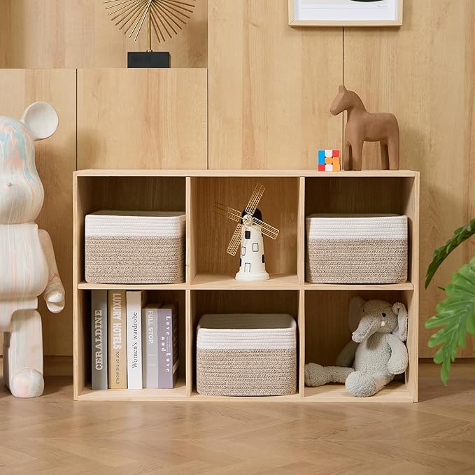 MiniArk Small Organizing Baskets for Cubes Shelf, 9.7x9.7x7.1 Inch Rope Woven Storage Bins for Nursery Shelves Storage, Cute Toy Basket, Square 3 Packs Off White Brown