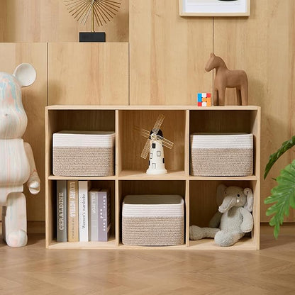 MiniArk Small Organizing Baskets for Cubes Shelf, 9.7x9.7x7.1 Inch Rope Woven Storage Bins for Nursery Shelves Storage, Cute Toy Basket, Square 3 Packs Off White Brown