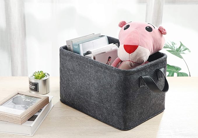 Collapsible Storage Bins Foldable Felt Fabric Storage Basket Organizer Boxes Containers with Handles PU Handles for Nursery Toys,Kids Room,Clothes,Towels,Magazine (PU-Dark grey, 15.9L×11W×9.8H)