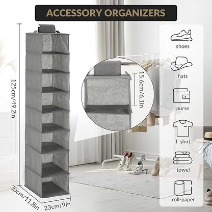 Garvee 3-Tier Hanging Shoe Organizer for Closet, Gray 8-Shelf Storage Holder with 2 Hooks, No Tools Needed Installation, Space-Saving Shelf for Shoes, Purses, Scarves, Accessories (3 Pack)