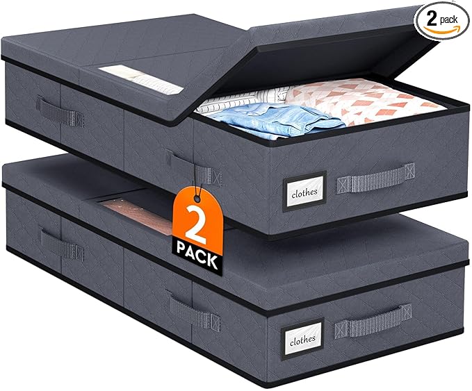 StoreHappily Under Bed Storage Containers with Lids - 2 Pack, Foldable and Stackable Clothes Storage Bags with Clear Window, 3-Sided Handles and Label Slot for Clothing, Blankets, Pillows (Grey)