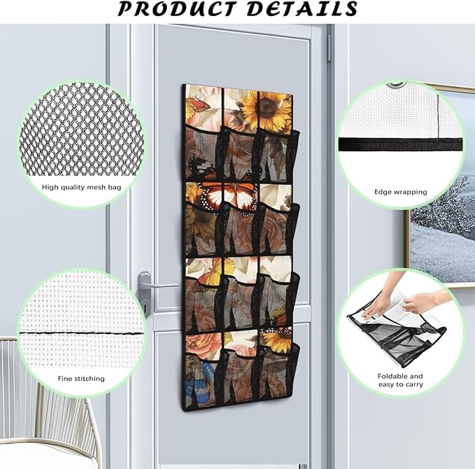 Over the Door Organizer with 12 Pockets, Space Saving Hanging Storage for Bathroom, Pantry, Nursery, Reinforced Hooks,Sunflower Butterfly