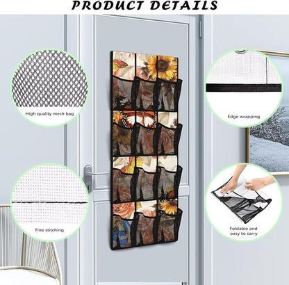 Over the Door Organizer with 12 Pockets, Space Saving Hanging Storage for Bathroom, Pantry, Nursery, Reinforced Hooks,Sunflower Butterfly