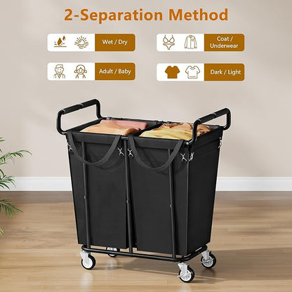 Large Laundry Hamper with Wheels, 2 - Bag 250L Rolling Medium Laundry Basket Sorter Cart, Medium - Sized Laundry Clothes Hamper, Heavy Duty Laundry Basket Organizer for Laundry Room, Bathroom